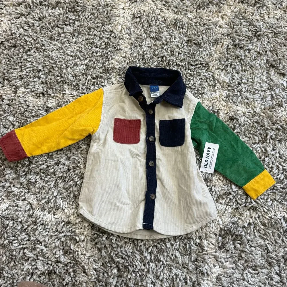 NWT Old Navy Colorblock Corduroy Shirt Baby Boy 6-12 Months Button Down